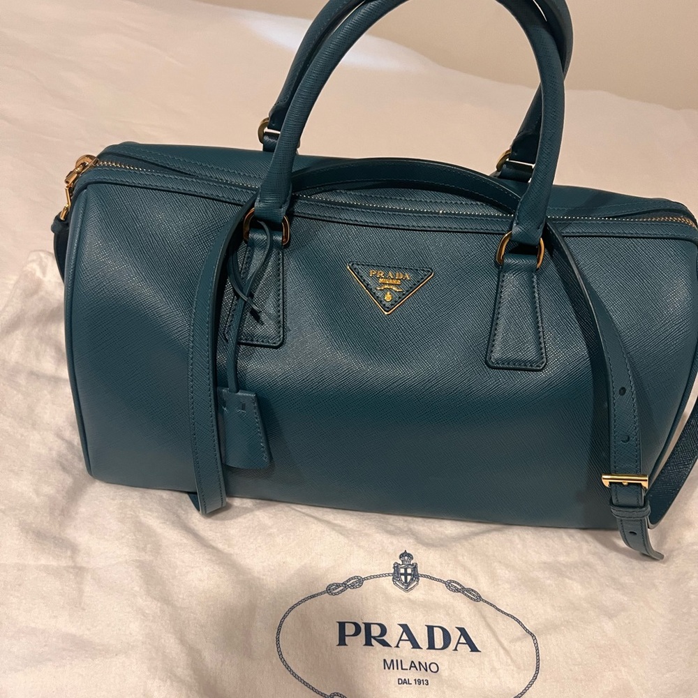 Prada Saffiano Lux Top Handle with shoulder strap leather bag Teal color
